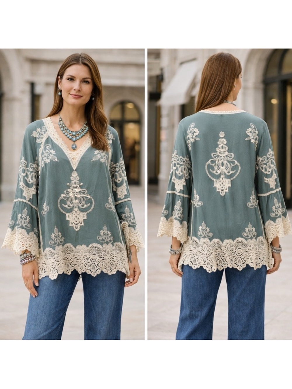 Democracy Sage Green Embroidered Boho Lace Trim Bell Sleeve Top XL Festival boho